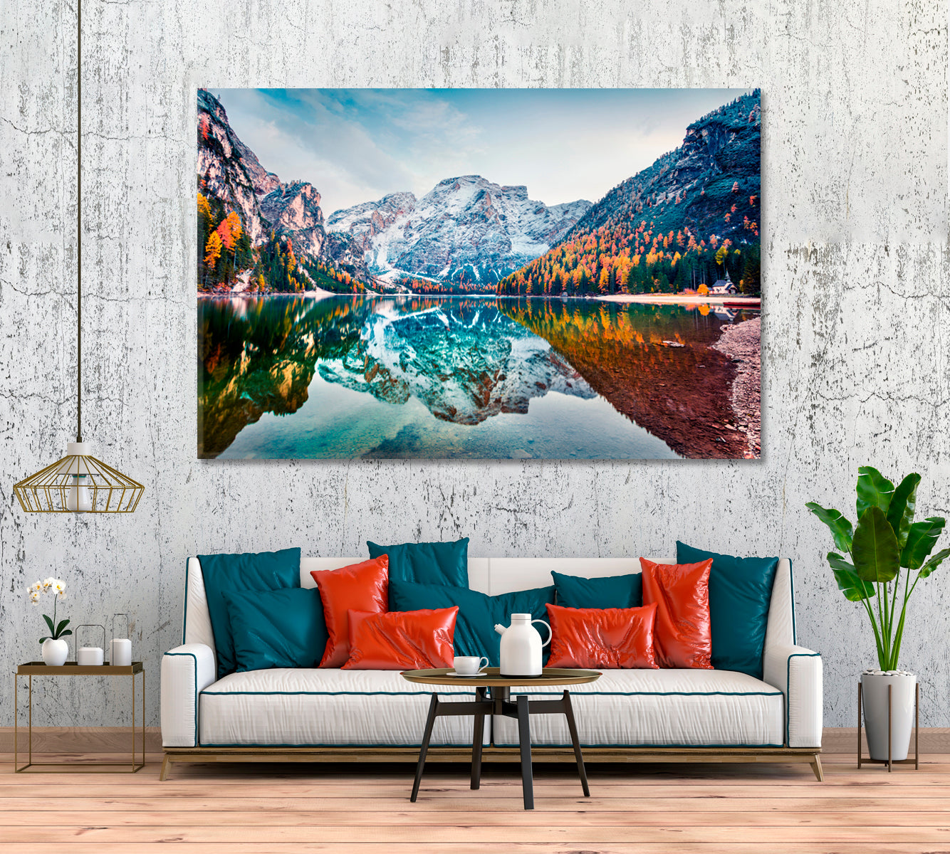 Autumn Landscape of Braies Lake Italy Canvas Print ArtLexy 1 Panel 24"x16" inches 