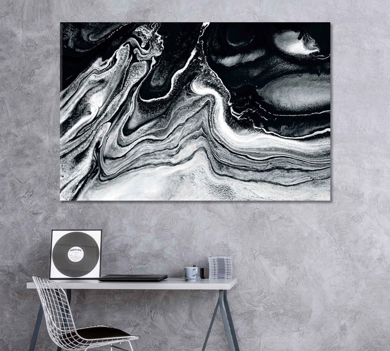 Abstract Black and White Wavy Marble Canvas Print ArtLexy 1 Panel 24"x16" inches 