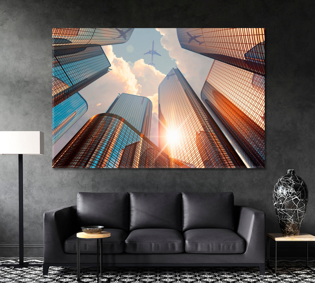 Airplane Flying Above Modern Skyscrapers Canvas Print ArtLexy 1 Panel 24"x16" inches 