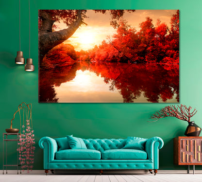 Red Autumn Trees along River Canvas Print ArtLexy 1 Panel 24"x16" inches 