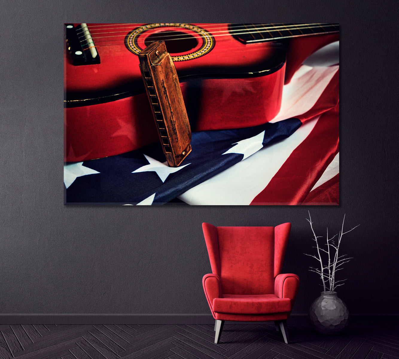 Guitar and Harmonica with Flag of United States Canvas Print ArtLexy 1 Panel 24"x16" inches 
