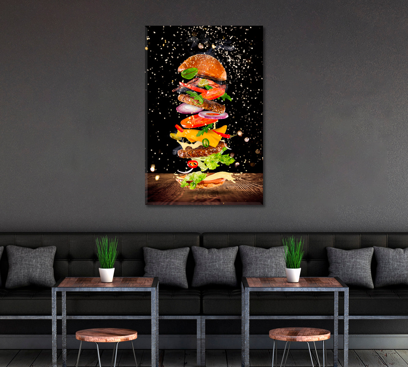 Flying Burger Ingredients Canvas Print ArtLexy 1 Panel 16"x24" inches 