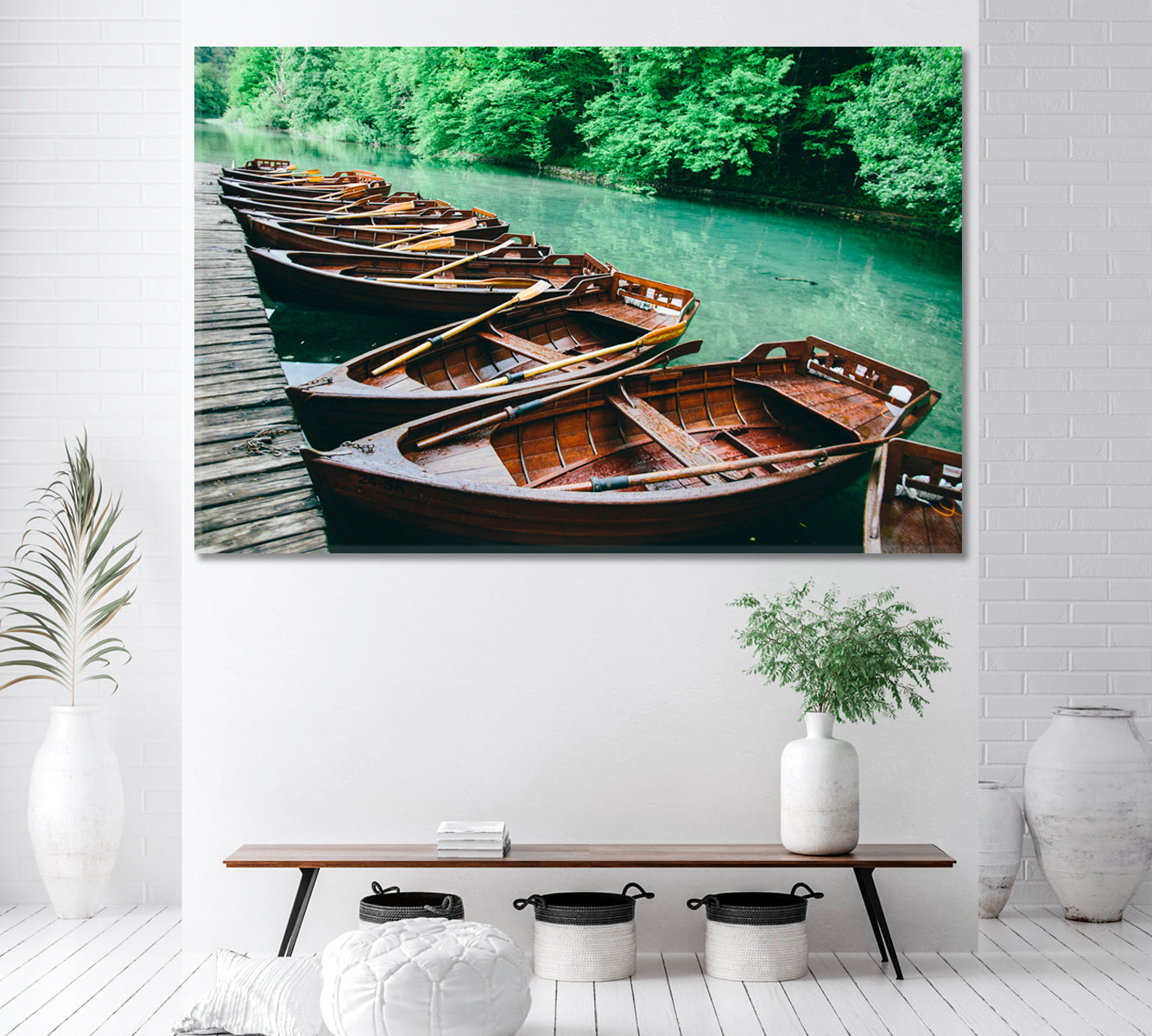 Wooden Boats in Plitvice Lakes National Park Croatia Canvas Print ArtLexy 1 Panel 24"x16" inches 