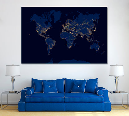 Abstract Night World Map Canvas Print ArtLexy 1 Panel 24"x16" inches 