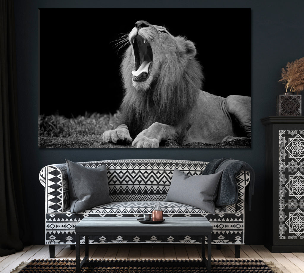 African Lion in Black and White Canvas Print ArtLexy 1 Panel 24"x16" inches 