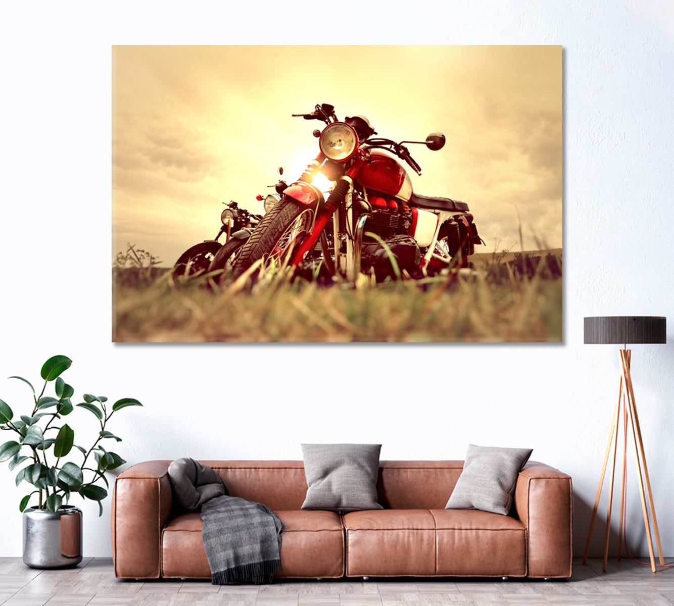 Vintage Motorcycles Parking on Grass Canvas Print ArtLexy 1 Panel 24"x16" inches 