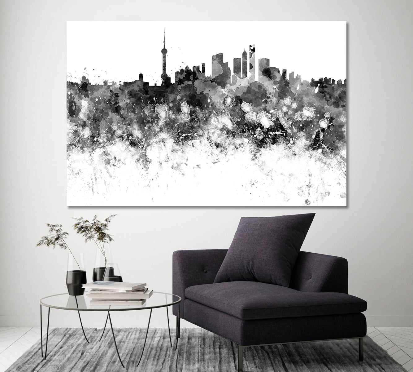 Abstract Black And White Shanghai Skyline Canvas Print ArtLexy 1 Panel 24"x16" inches 