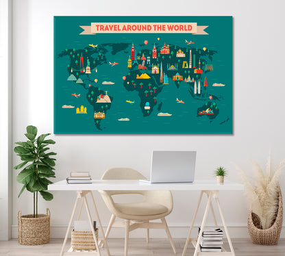 World Travel Map Canvas Print ArtLexy 1 Panel 24"x16" inches 