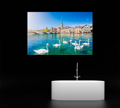 Zurich Downtown and Limmat River with Swans Canvas Print ArtLexy 1 Panel 24"x16" inches 