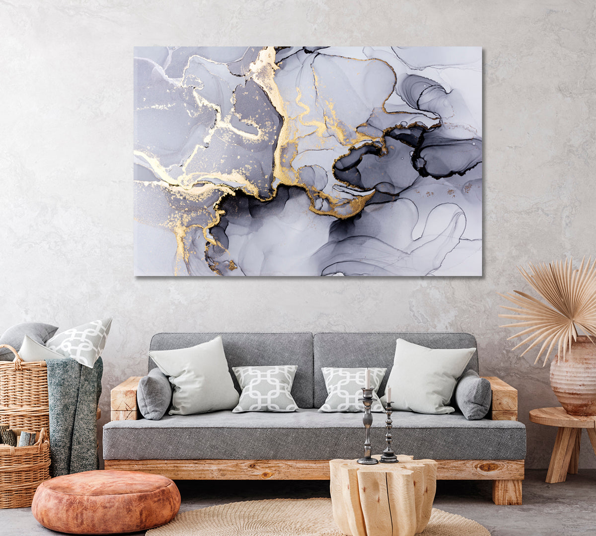 Liquid Gray Marble with Golden Veins Canvas Print ArtLexy 1 Panel 24"x16" inches 