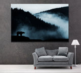 Misty Mountain Landscape with Forest and Bear Silhouette Canvas Print ArtLexy 1 Panel 24"x16" inches 