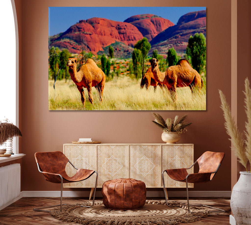 Camels and Kata Tjuta Australia Canvas Print ArtLexy 1 Panel 24"x16" inches 