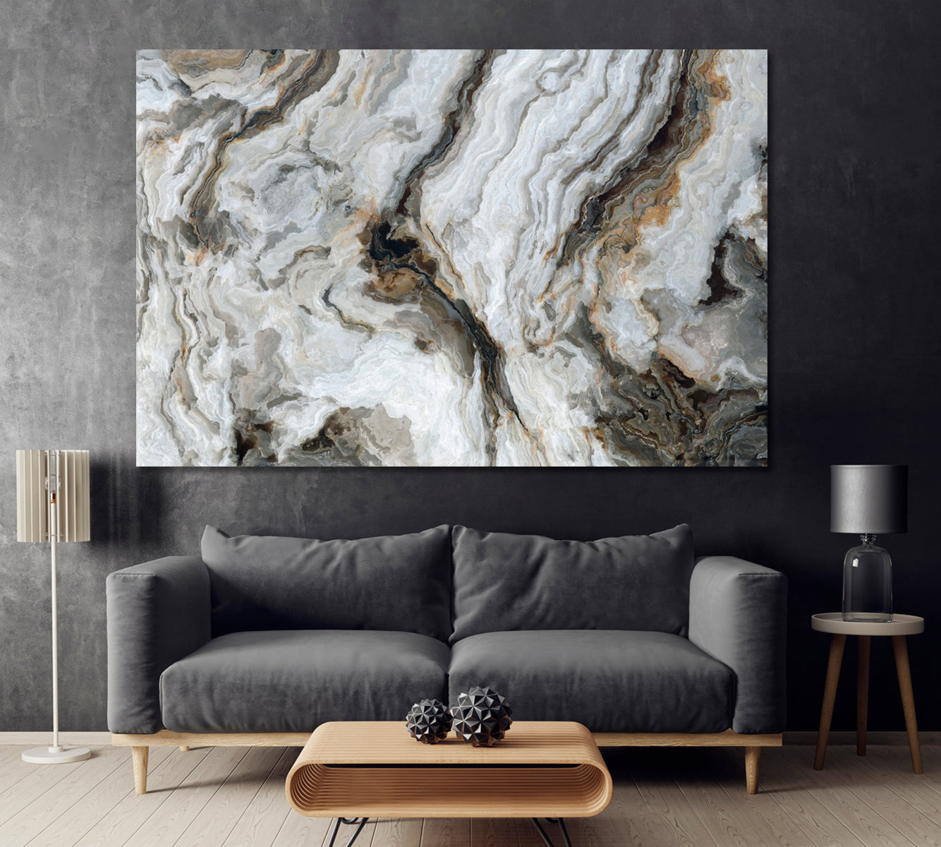 Abstract Marble with Curly Grey Veins Canvas Print ArtLexy 1 Panel 24"x16" inches 