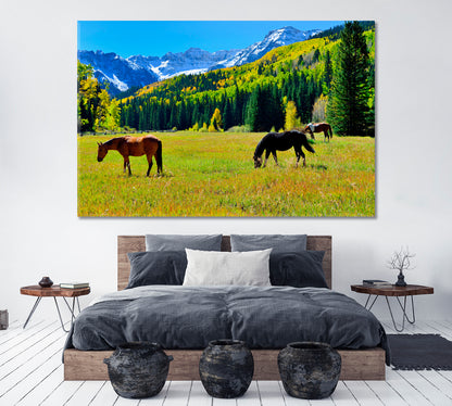 Horses in Rocky Mountains Canvas Print ArtLexy 1 Panel 24"x16" inches 