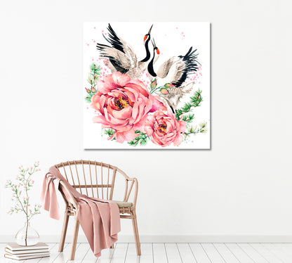 Red-Crowned Crane with Flowers Canvas Print ArtLexy 1 Panel 12"x12" inches 