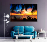 Sunset over Tropical Beach with Boats Pattaya Thailand Canvas Print ArtLexy 1 Panel 24"x16" inches 