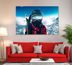 Skier in Front of Mountain Landscape Canvas Print ArtLexy 1 Panel 24"x16" inches 