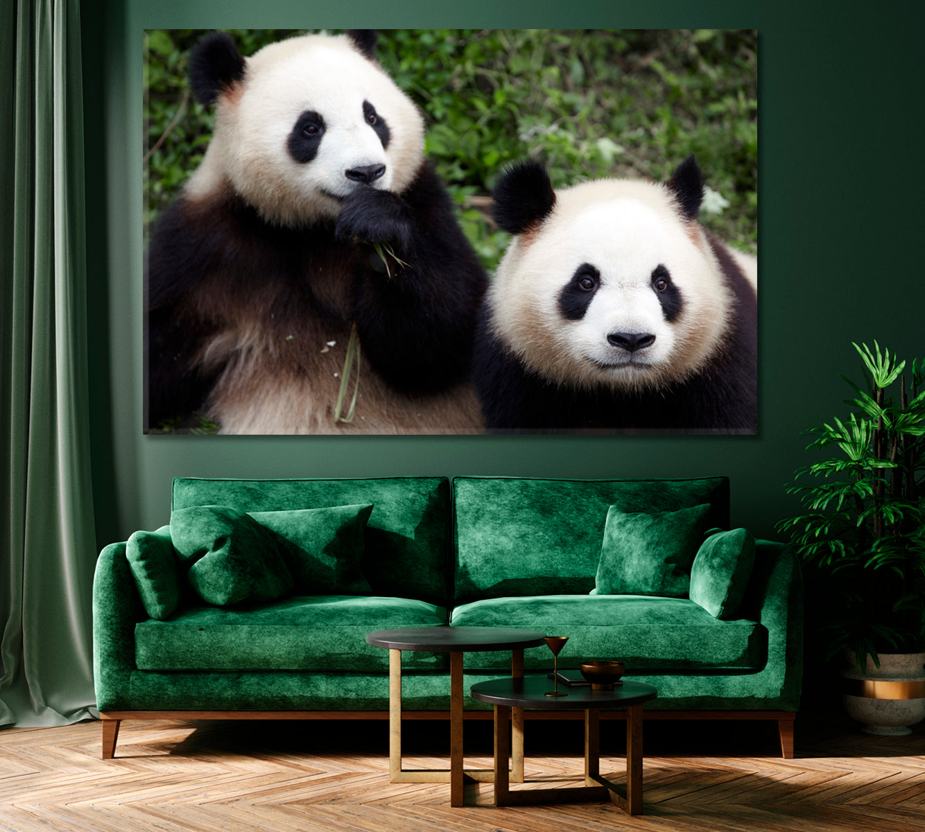 Two Panda Bear Eating Bamboo Canvas Print ArtLexy 1 Panel 24"x16" inches 