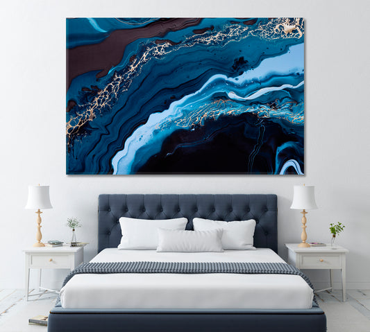 Abstract Ocean Waves with Gold Swirls Canvas Print ArtLexy 1 Panel 24"x16" inches 