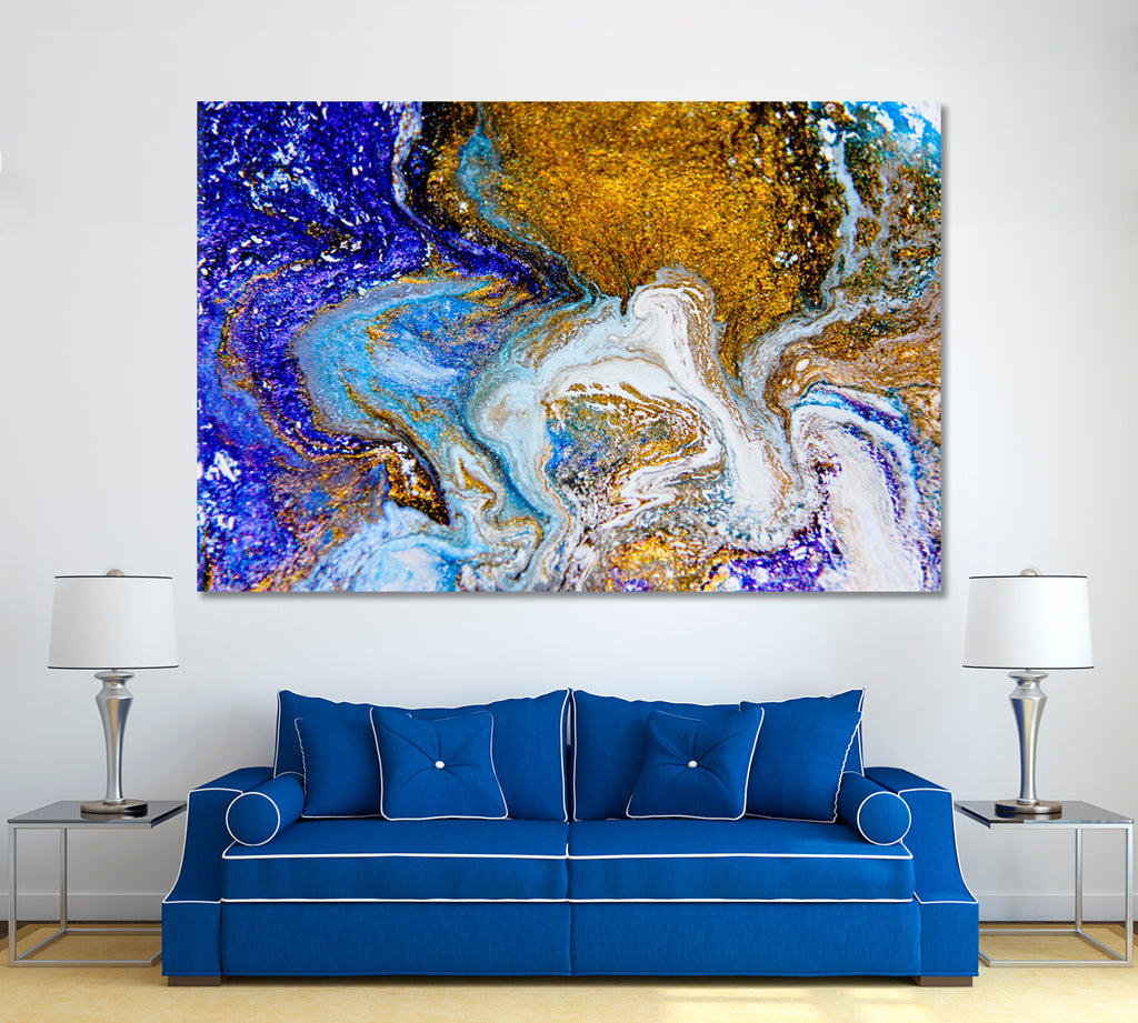 Abstract Marble Gold and Blue Pattern Canvas Print ArtLexy 1 Panel 24"x16" inches 