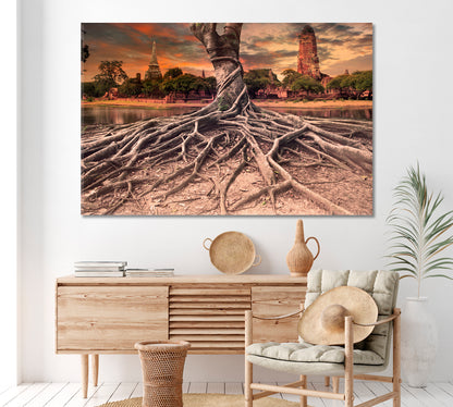 Root of Banyan Tree and Temple of Ayutthaya Canvas Print ArtLexy 1 Panel 24"x16" inches 