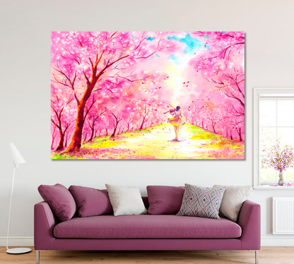 Landscape with Violinist and  Blooming Cherry Trees Canvas Print ArtLexy 1 Panel 24"x16" inches 