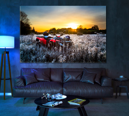 Quad Bike in Field at Sunrise Canvas Print ArtLexy 1 Panel 24"x16" inches 
