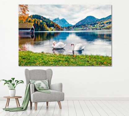 Swans on Grundlsee Lake Alps Canvas Print ArtLexy 1 Panel 24"x16" inches 