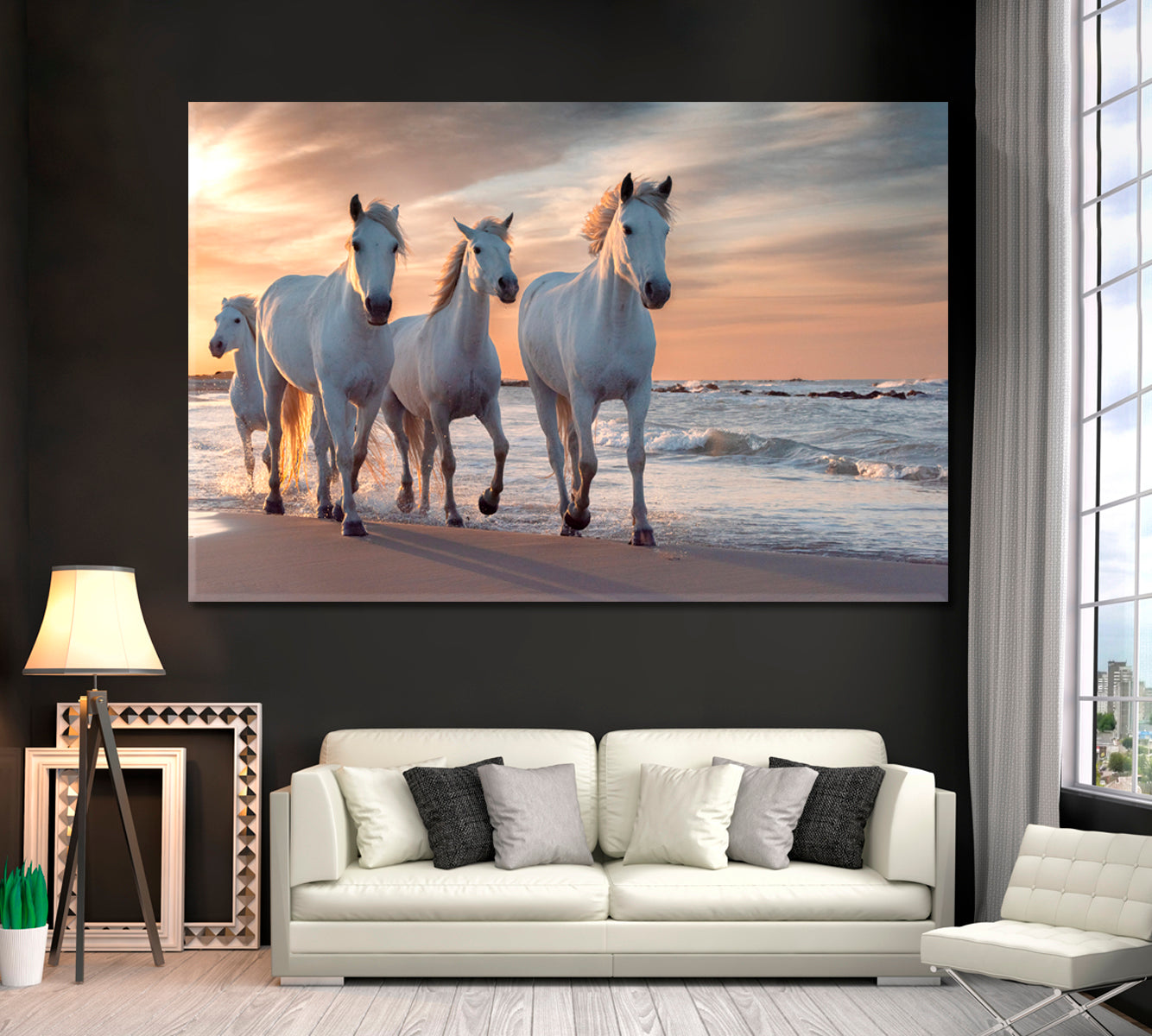 Herd of White Horses on Mediterranean Coast Camargue France Canvas Print ArtLexy 1 Panel 24"x16" inches 