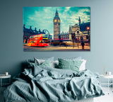 Night London with Double-Decker Bus Canvas Print ArtLexy 1 Panel 24"x16" inches 