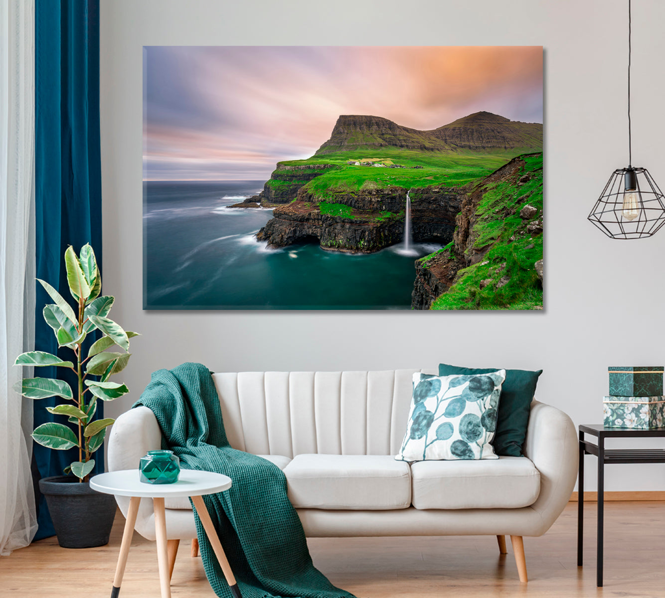 Gasadalur Village and Mulafossur Waterfall Faroe Islands Canvas Print ArtLexy   