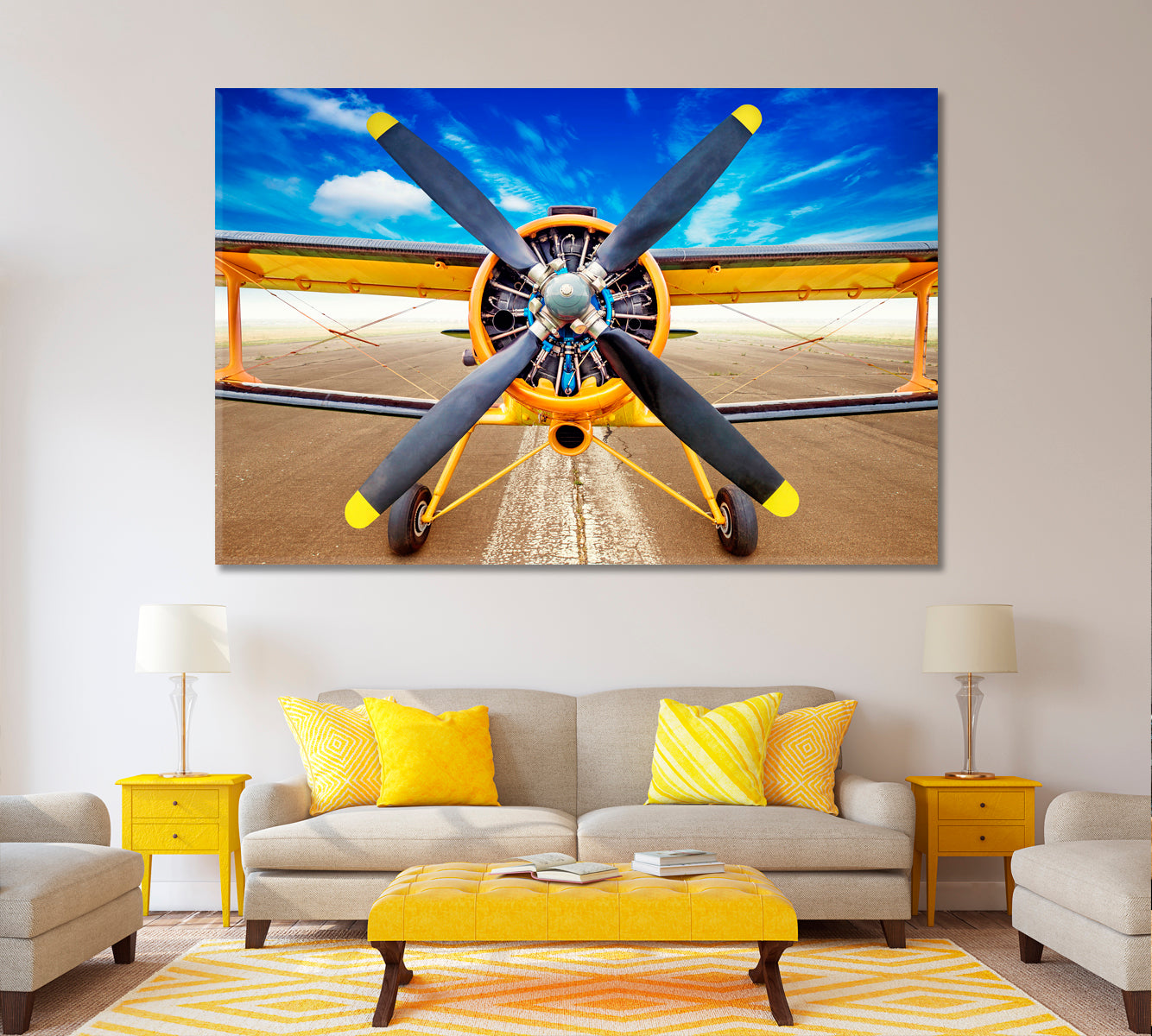Biplane on Runway Canvas Print ArtLexy 1 Panel 24"x16" inches 