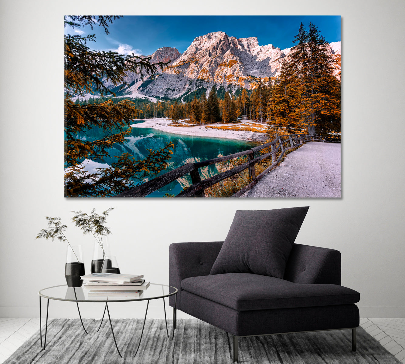 Lake Braies in Autumn Dolomites Alps Canvas Print ArtLexy 1 Panel 24"x16" inches 