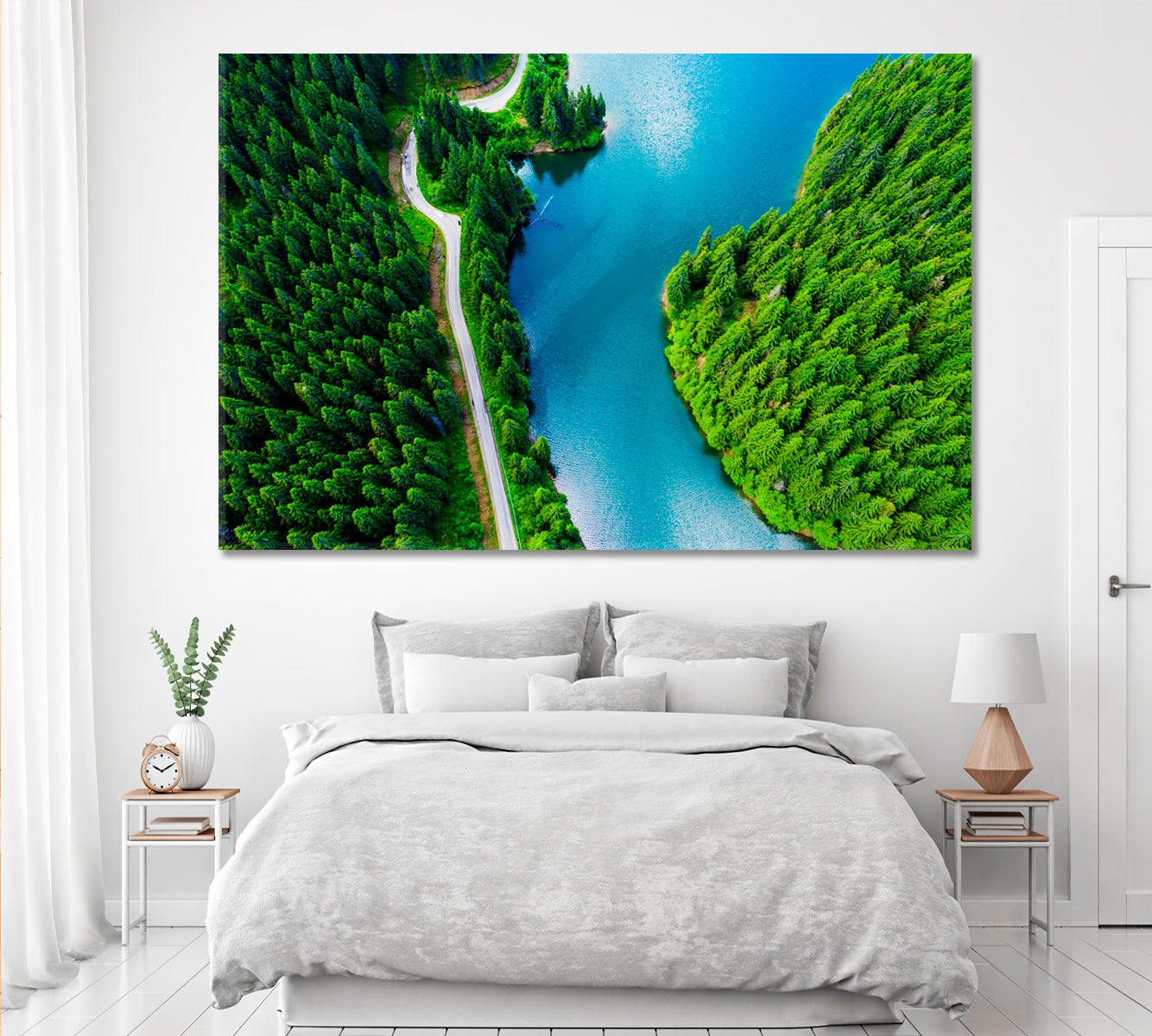 Mountain Lake and Pine Trees Forest Canada Canvas Print ArtLexy 1 Panel 24"x16" inches 