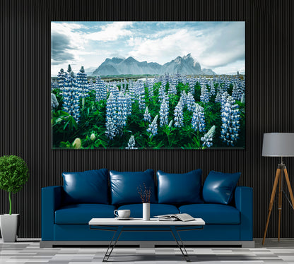 Vestrahorn (Batman Mountain) with Blooming Lupine Flowers Canvas Print ArtLexy 1 Panel 24"x16" inches 