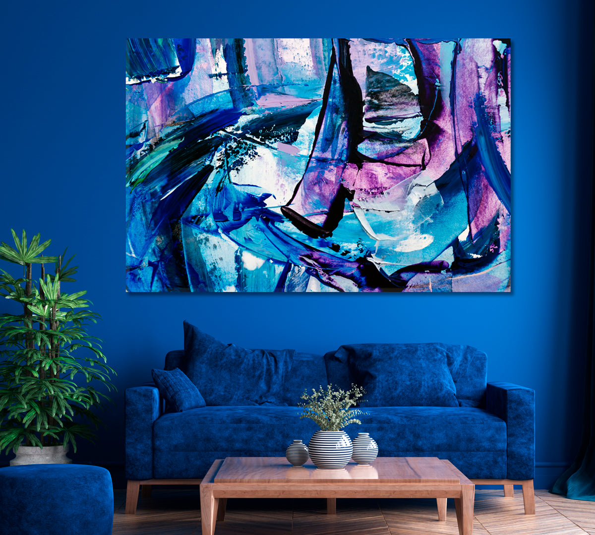 Abstract Blue Watercolor Brush Strokes Canvas Print ArtLexy 1 Panel 24"x16" inches 