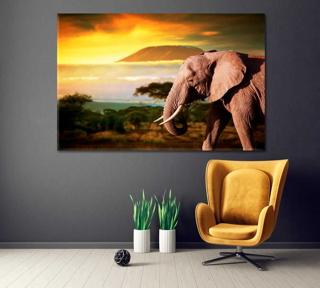 Elephant and Mount Kilimanjaro at Sunset Canvas Print ArtLexy 1 Panel 24"x16" inches 