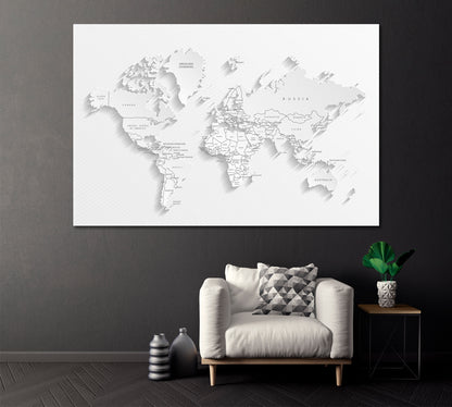 White Political World Map Canvas Print ArtLexy 1 Panel 24"x16" inches 