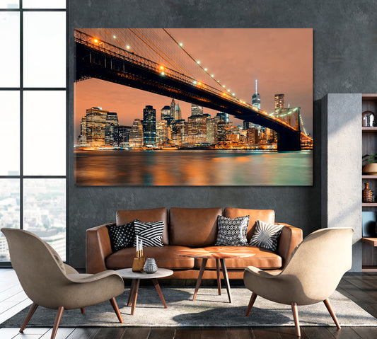 Manhattan Downtown and Brooklyn Bridge at Night Canvas Print ArtLexy 1 Panel 24"x16" inches 