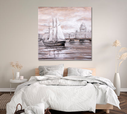 Sailing Boat Near City Canvas Print ArtLexy 1 Panel 12"x12" inches 