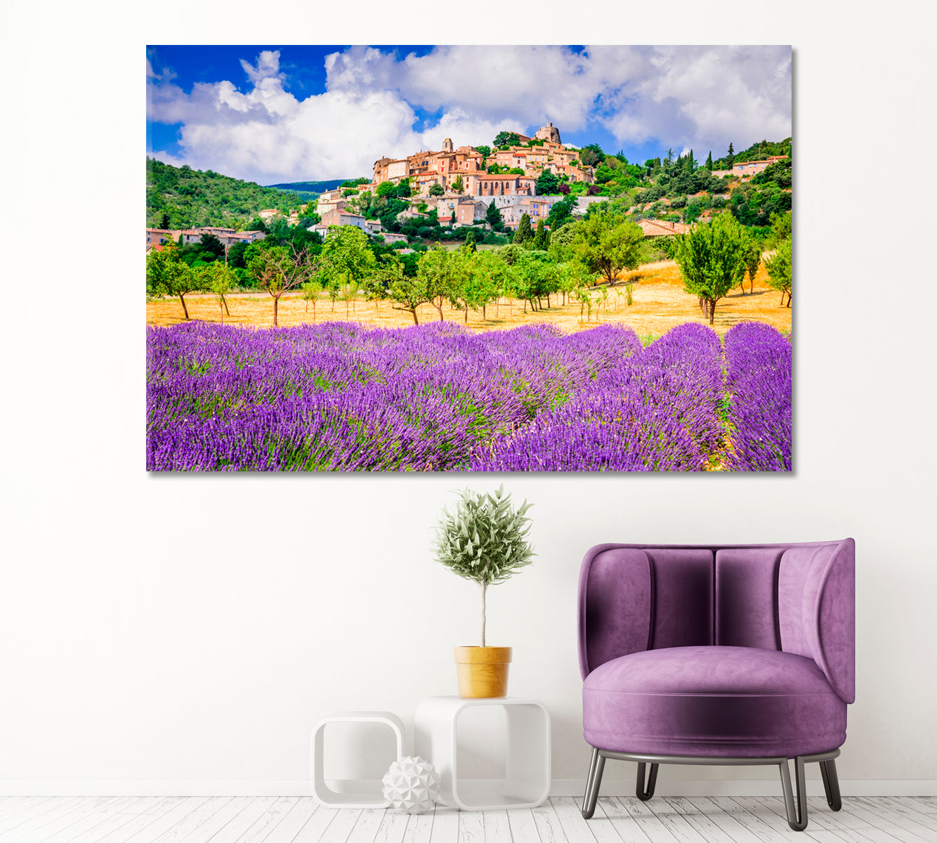 Simiane La Rotonde Village in Provence with Lavender Fields France Canvas Print ArtLexy 1 Panel 24"x16" inches 