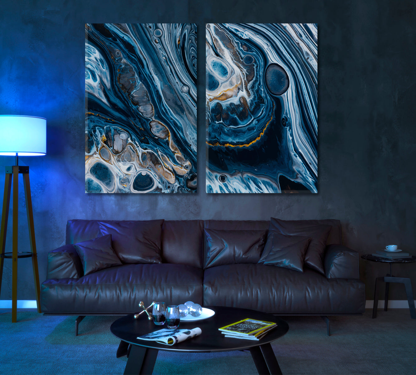 Set of 2 Vertical Modern Navy Blue Marble Pattern Canvas Print ArtLexy 2 Panels 32”x24” inches 