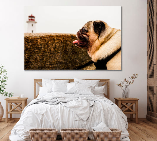 Pug Dog and Peggys Point Lighthouse Canada Canvas Print ArtLexy 1 Panel 24"x16" inches 