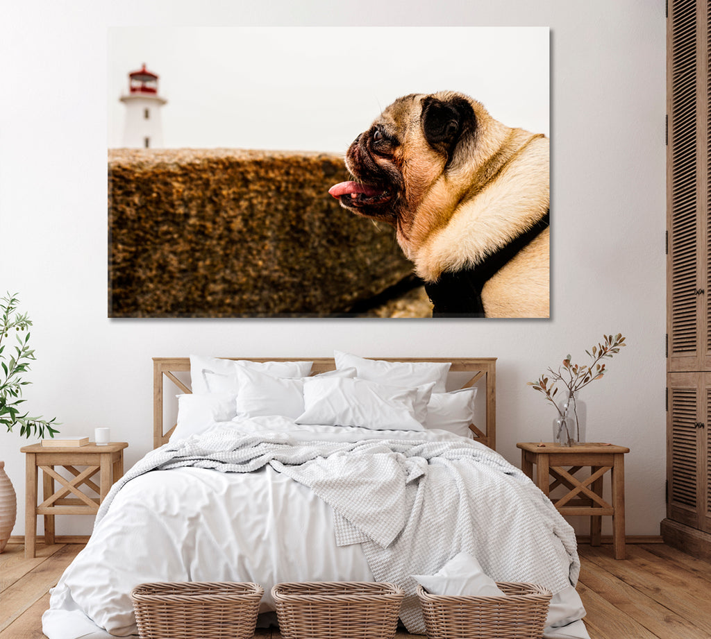 Pug Dog and Peggys Point Lighthouse Canada Canvas Print ArtLexy 1 Panel 24"x16" inches 