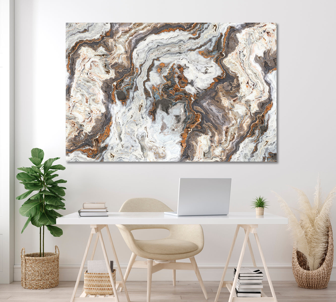Natural Marble with Curly Grey and Gold Veins Canvas Print ArtLexy 1 Panel 24"x16" inches 