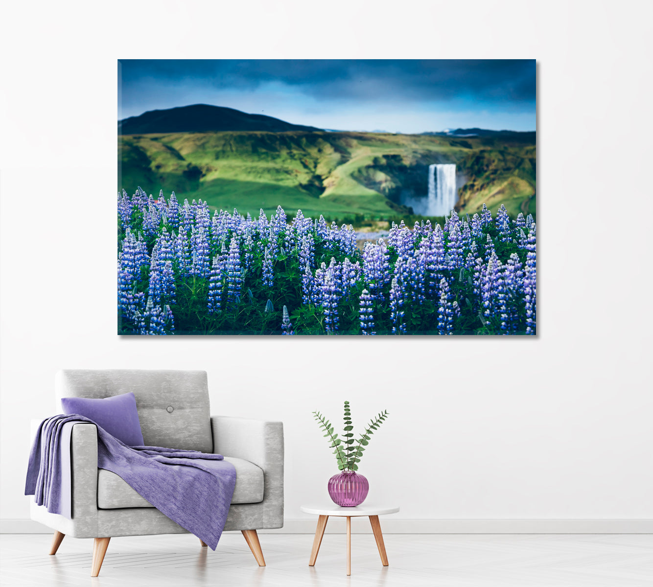 Summer view of Skogafoss Waterfall with Lupine Flowers Canvas Print ArtLexy 1 Panel 24"x16" inches 