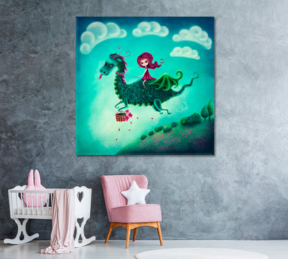 Princess Flies on Dragon Canvas Print ArtLexy 1 Panel 12"x12" inches 