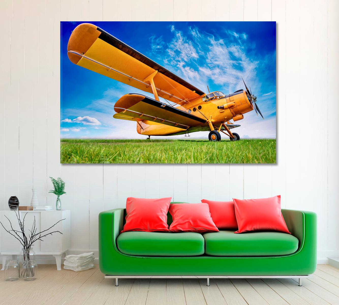 Old Yellow Biplane with Blue Sky Canvas Print ArtLexy 1 Panel 24"x16" inches 