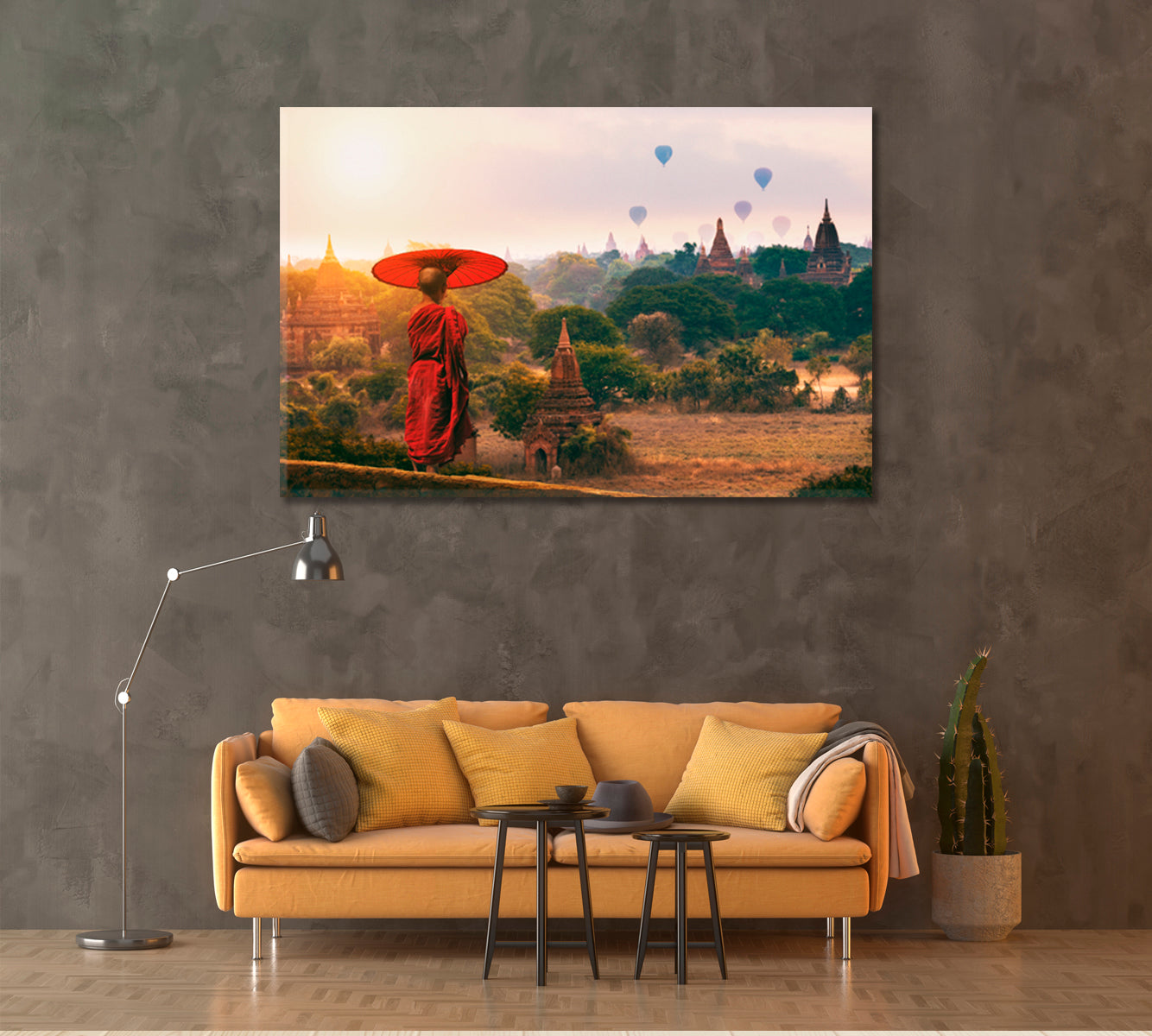 Novice Monk with Red Umbrella Bagan Mandalay Myanmar Canvas Print ArtLexy 1 Panel 24"x16" inches 