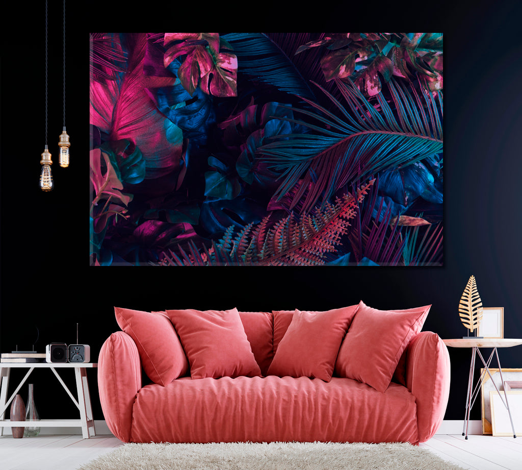 Tropical Neon Leaves Canvas Print ArtLexy 1 Panel 24"x16" inches 